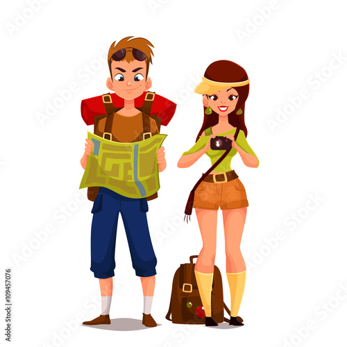 Two young tourists on vacation, vector cartoon funny people isolated on white background, couple pair of man and woman looking at the map, hold the camera in sunglasses and bag puteshesviya, hiking
