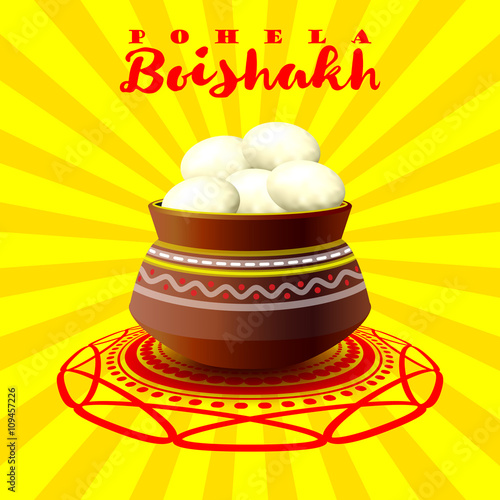 Bengali new year pohela boishakh. Mud pot fill with rasgulla. Bengali New Year background. Vector illustration. Traditional holiday Bengali new year pohela boishakh. Celebration photo