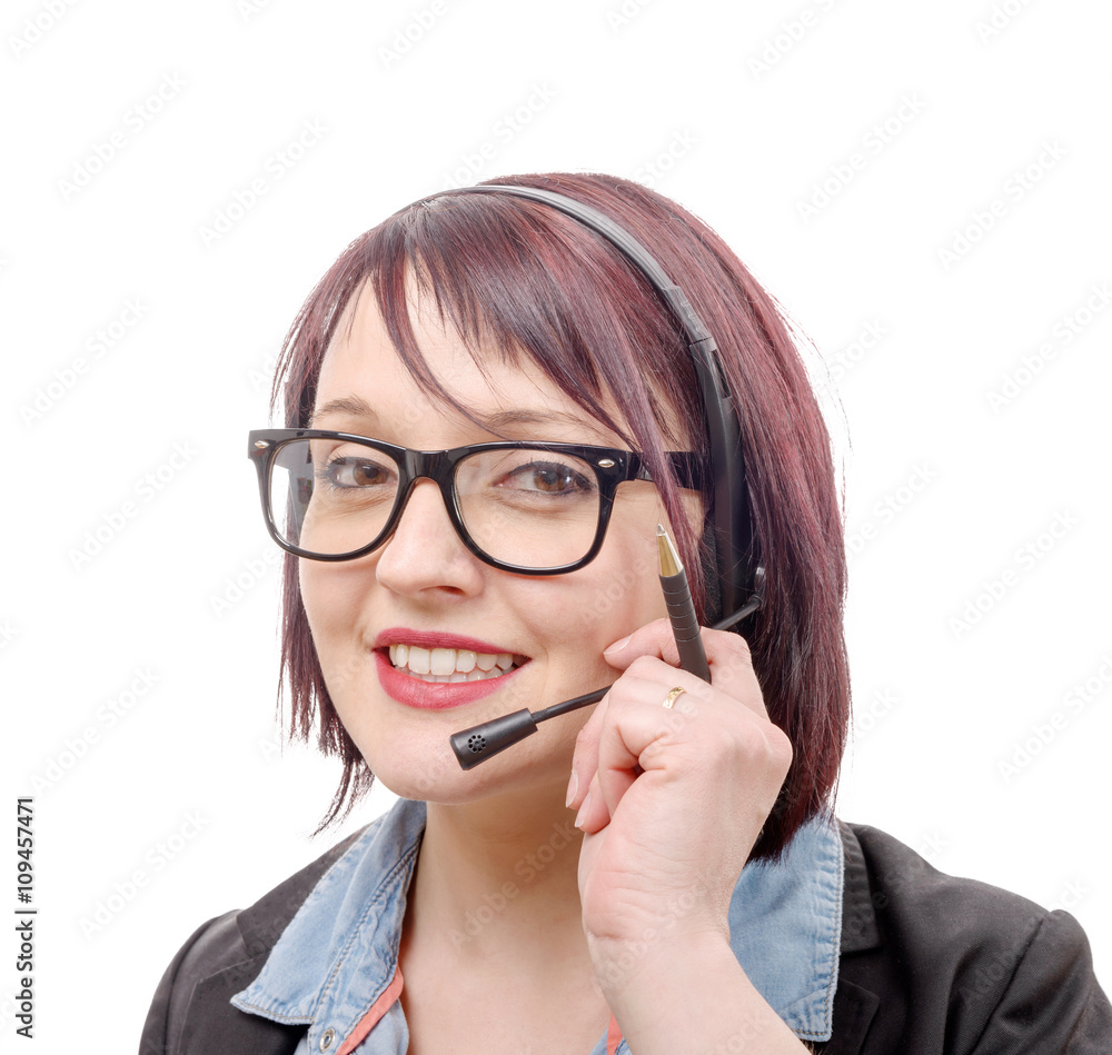 Close-up portrait of smiling young woman with headset Close-up portrait of smiling young woman with headset