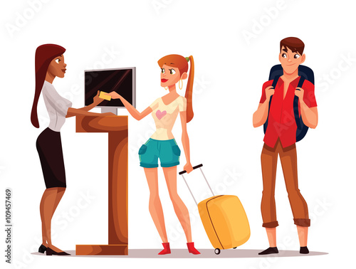Booking hotel rooms, vector cartoon illustration of a funny comic, young couple taking the keys to their room, a man and a woman on vacation to stay in a hotel, Hotel reception