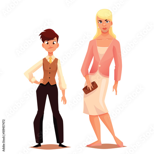 Transgender men women, dress boy, mens clothing on girl, a mismatch of social biological gender, human uncertainty in choice of sexuality, illustration, cartoon characters on a white background photo