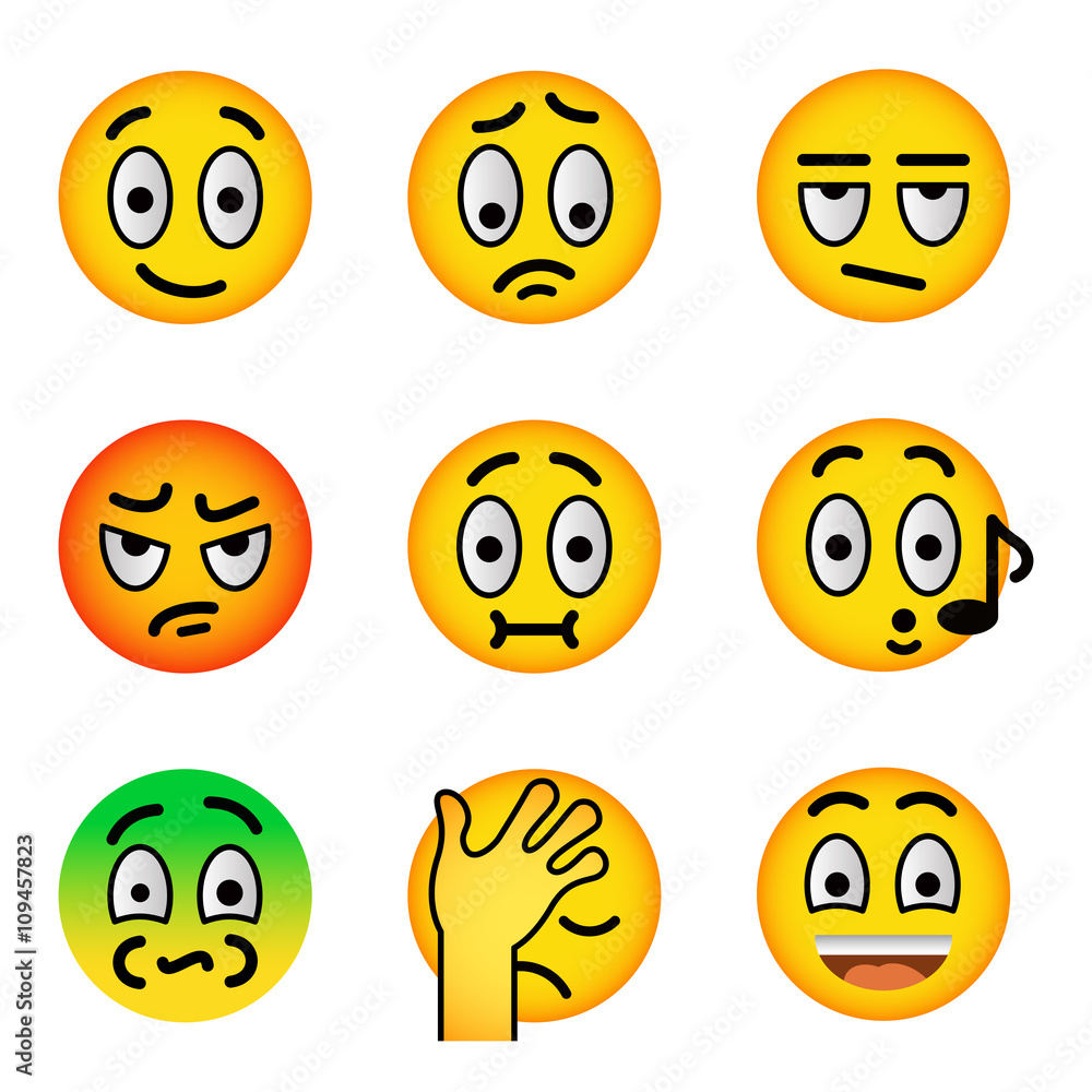 Smiley face flat vector icons set. Emoji emoticons. Facial emotions and expression symbols. Cute cartoon illustrations of mood and reactions for text chat and web messenger. Yellow ball character Smiley face flat vector icons set. Emoji emoticons. Facial emotions and expression symbols. Cute cartoon illustrations of mood and reactions for text chat and web messenger. Yellow ball character