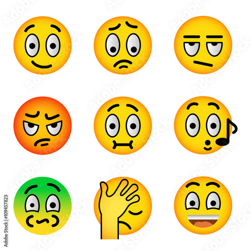 Smiley face flat vector icons set. Emoji emoticons. Facial emotions and expression symbols. Cute cartoon illustrations of mood and reactions for text chat and web messenger. Yellow ball character