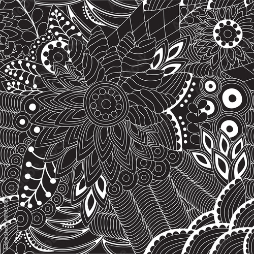 stock vector seamless doodle black and white floral pattern. ori