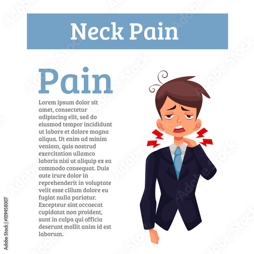 Pain in the neck of man, funny cartoon vector illustration isolated, the boy had a sore neck, spine disease, sedentary office work, office worker malaise sick tired, tension in the neck, disease