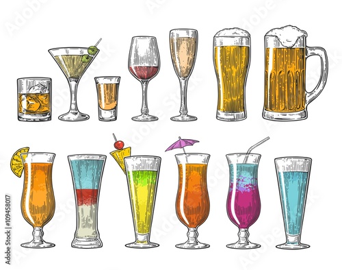 Set glass beer whiskey wine tequila cognac champagne cocktails. Vintage vector engraving illustration for web, poster, menu, invitation to summer beach party. Isolated on white background