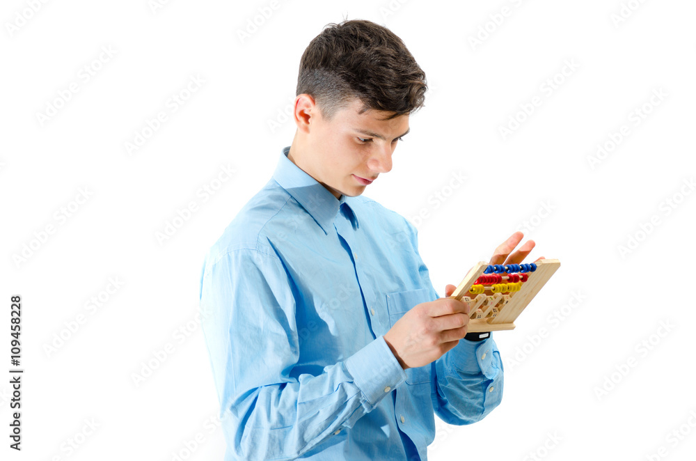 Teenager count on abacus toy isolated on white background Teenager count on abacus toy isolated on white background