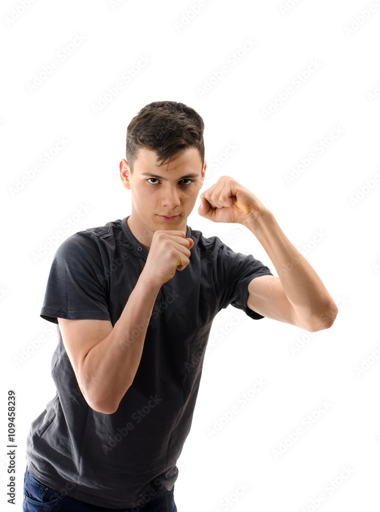 Teenager man in position for boxing isolated on white background Teenager man in position for boxing isolated on white background