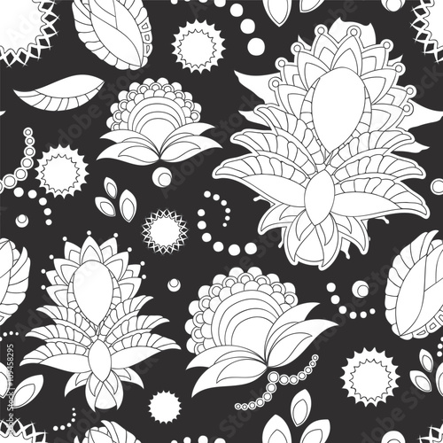 stock vector seamless doodle black and white floral pattern. ori