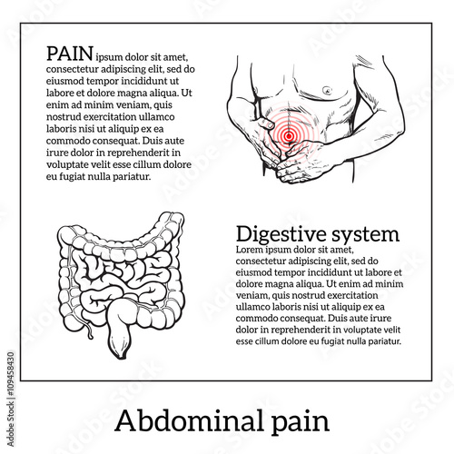 Abdominal pain in men, stomach and bowel disease, digestive problems, sick intestines, vector sketch hand-drawn image of the man holding his sick stomach, intestines detailed image, health problems