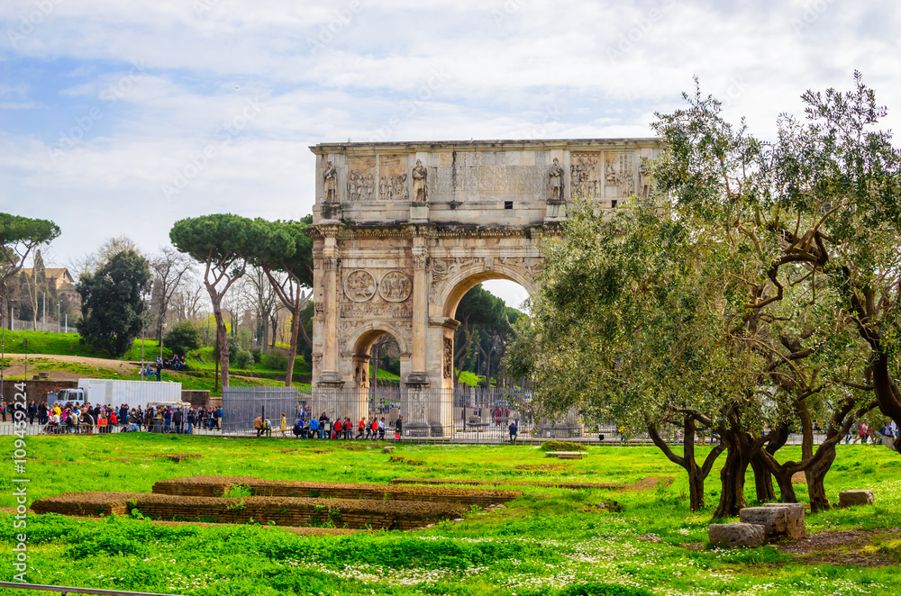 Arch of Constantine, Rome, Italy. The ruins of Roman forum.