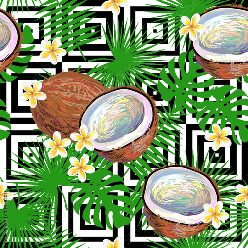 Seamless summer pattern coconut, palm leaves, tropical exotic plumeria rubra frangipani flower vector background. Perfect for wallpapers, pattern fills, web page backgrounds, surface textures, textile
