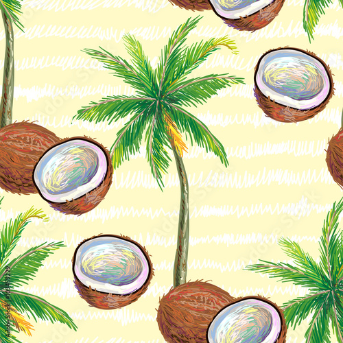 Seamless pattern with coconut and palm tree vector background. Perfect for wallpapers, pattern fills, web page backgrounds, surface textures, textile