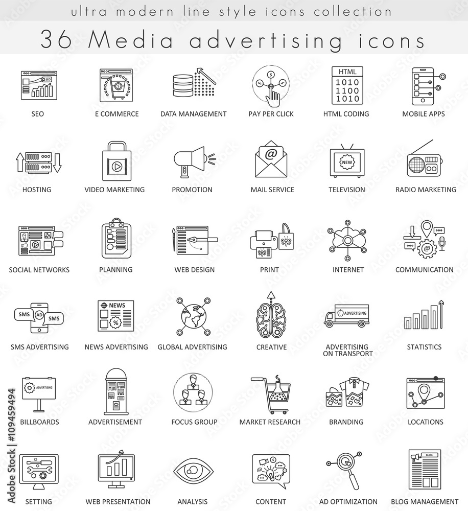 Vector Media advertising ultra modern outline line icons for web and apps.