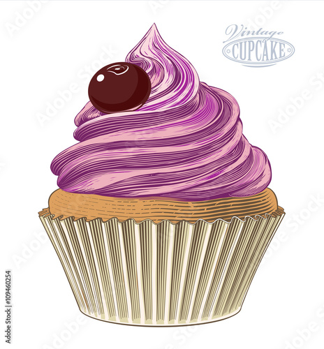 Vector  illustration of a cupcake in engraving style, isolated, grouped on transparent background.