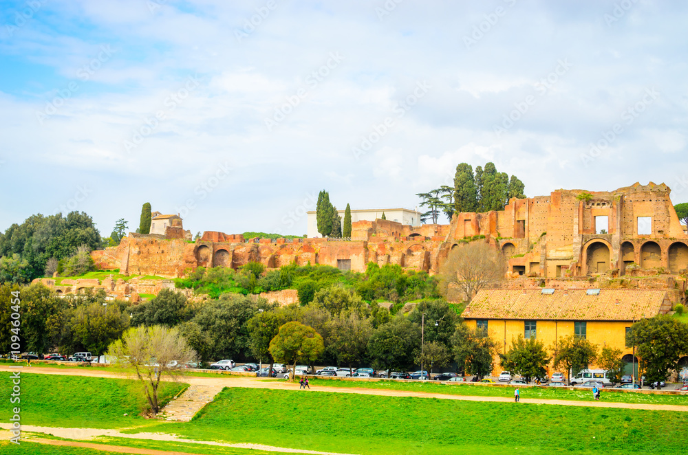  Ruins of Circus Maximus and  Palatine hill palace  in  Rome, It