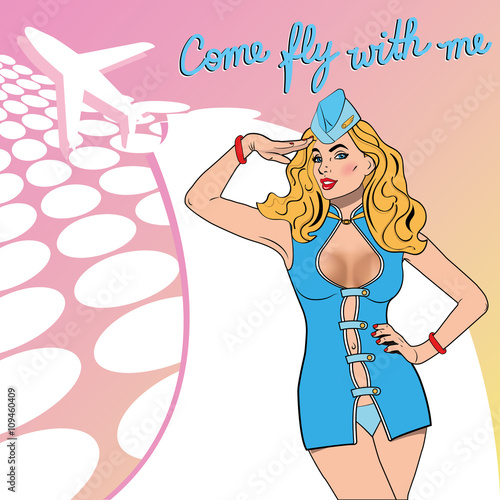 Retro pop art sexy stewardess in a blue suit and cap aviation. Text Come fly with me/White plane on a pink background.