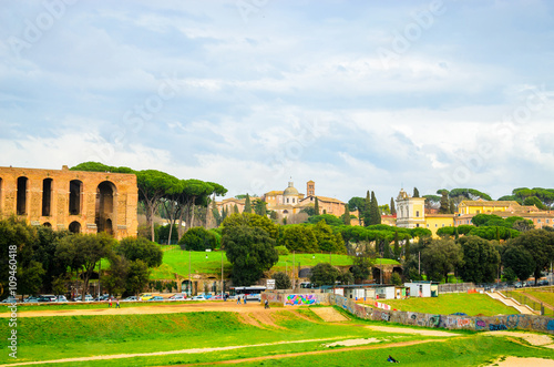 Photography Ruins of Circus Maximus and  Palatine hill palace  in  Rome, It