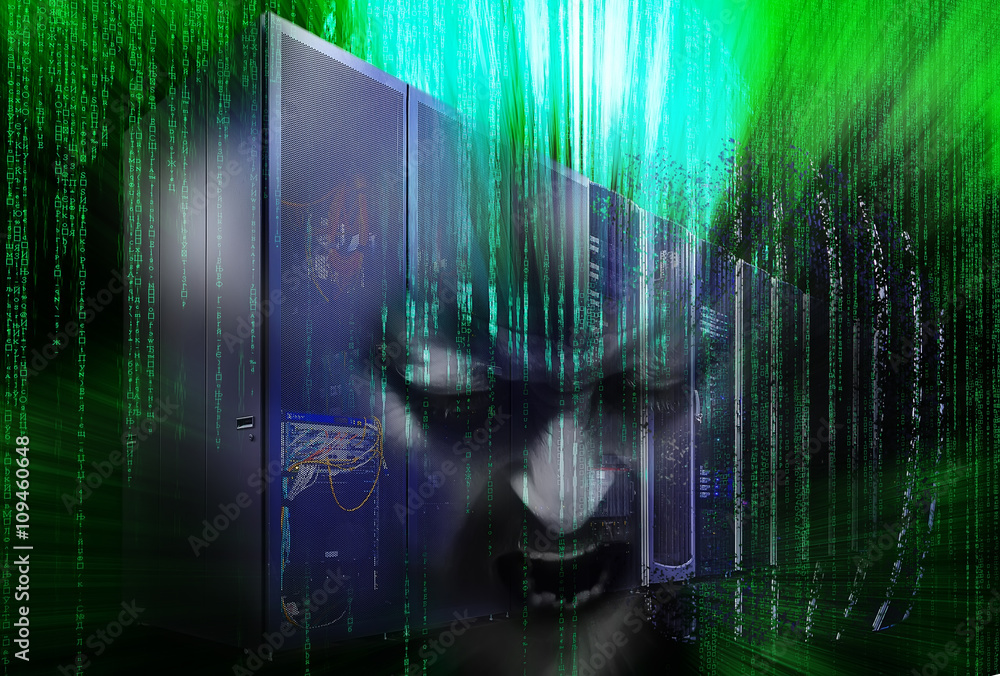 Naklejka premium disintegration of mainframe hacker with binary code