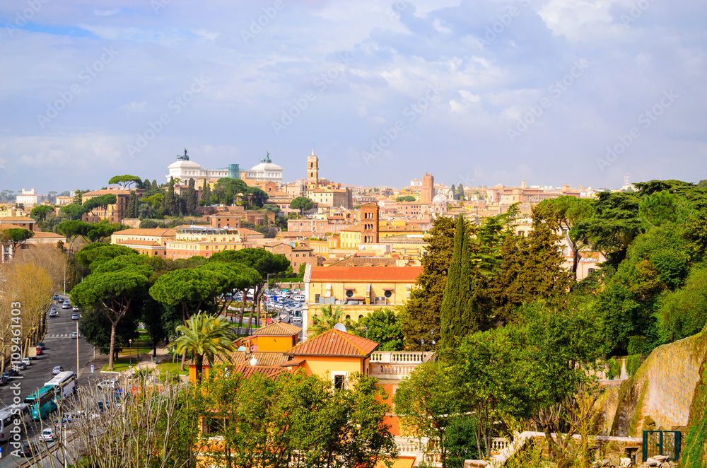 Rome panorama with monument and domes, Italy