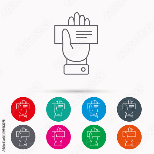 Cheque icon. Giving hand sign.
