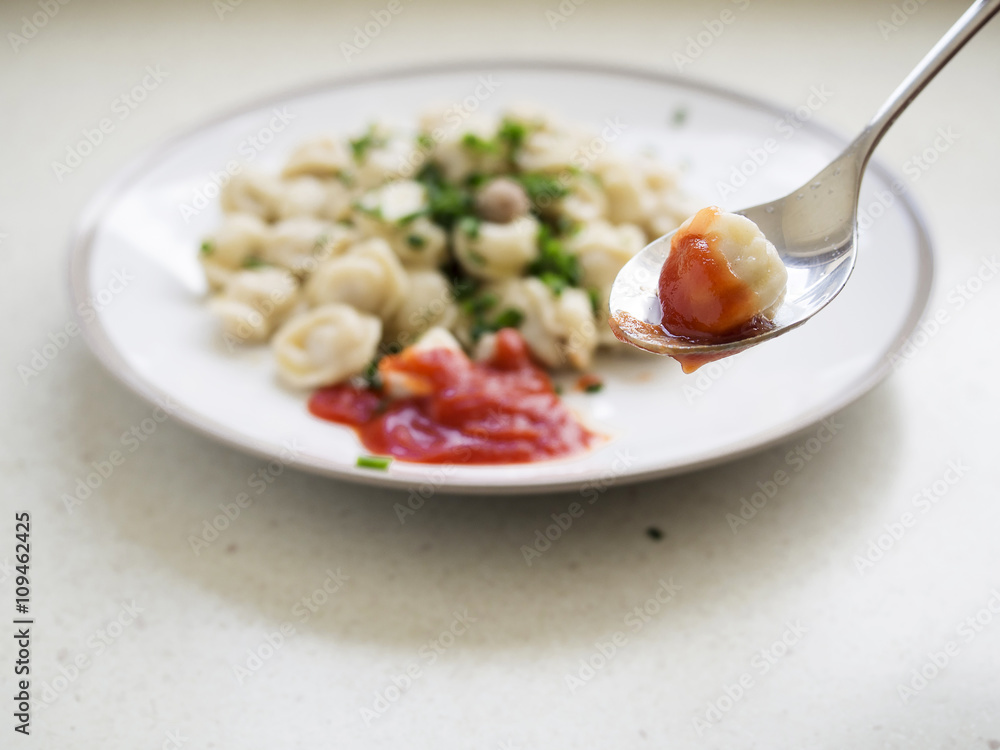 Meat dumpling on a spoon in focus, plate out of focus.