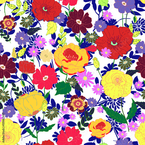Seamless floral background. Colorful flowers and leaves. Spring and summer beautiful flowers. Vector illustration.