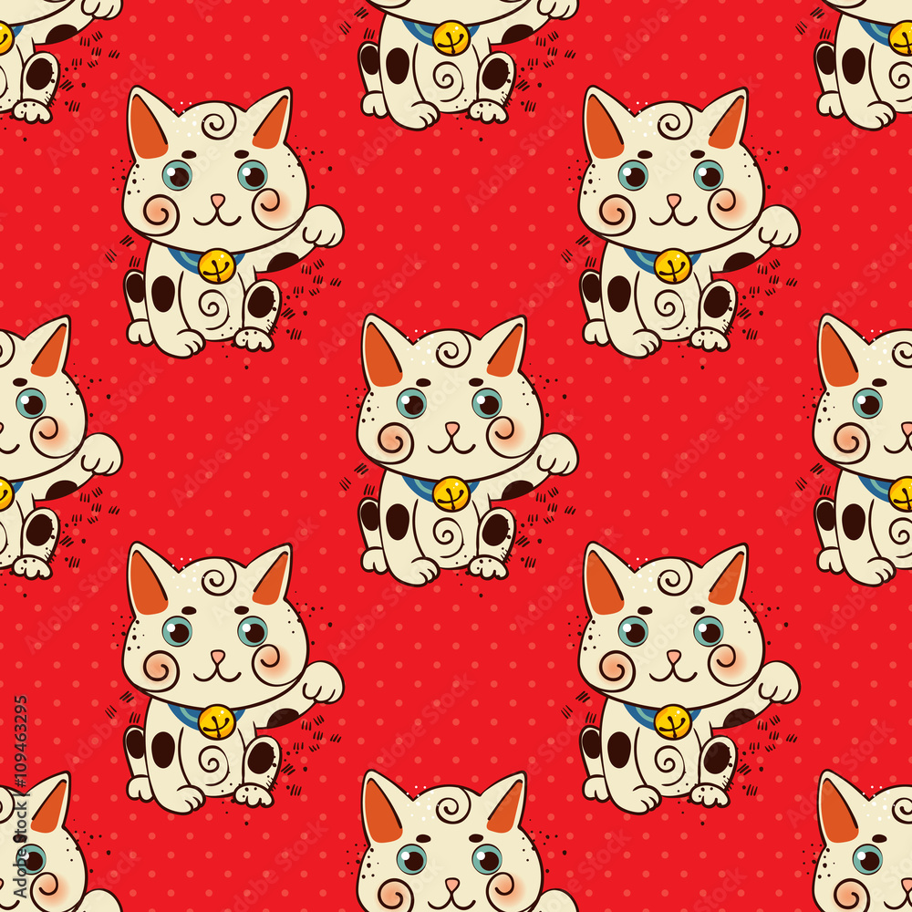 Fototapeta premium Happy Japanese cat Maneki-neko flowered.