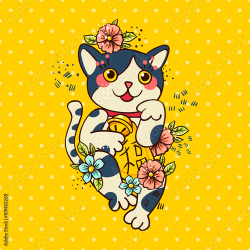 Happy Japanese cat Maneki-neko flowered. photo