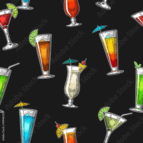 Seamless pattern alcohol cocktail set. Vintage vector engraving illustration for web, poster, menu, invitation to summer beach party. Isolated on dark background