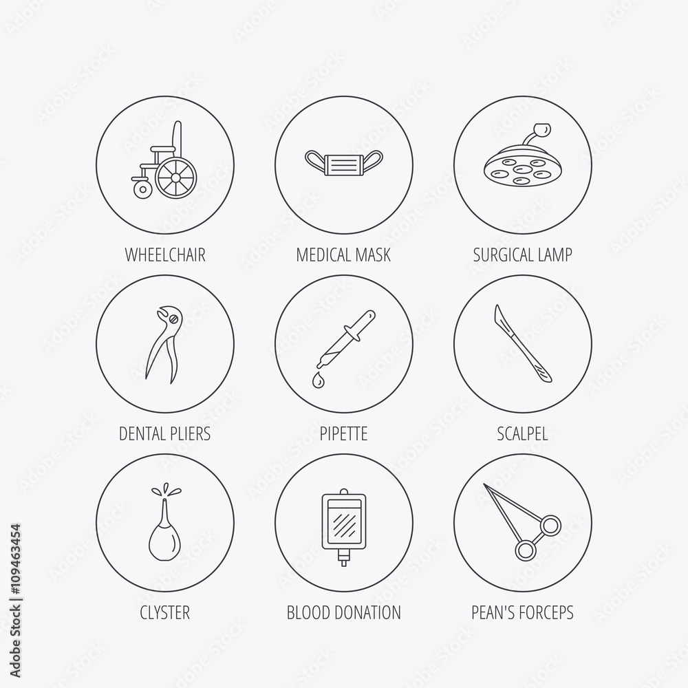 Medical mask, scalpel and dental pliers icons.