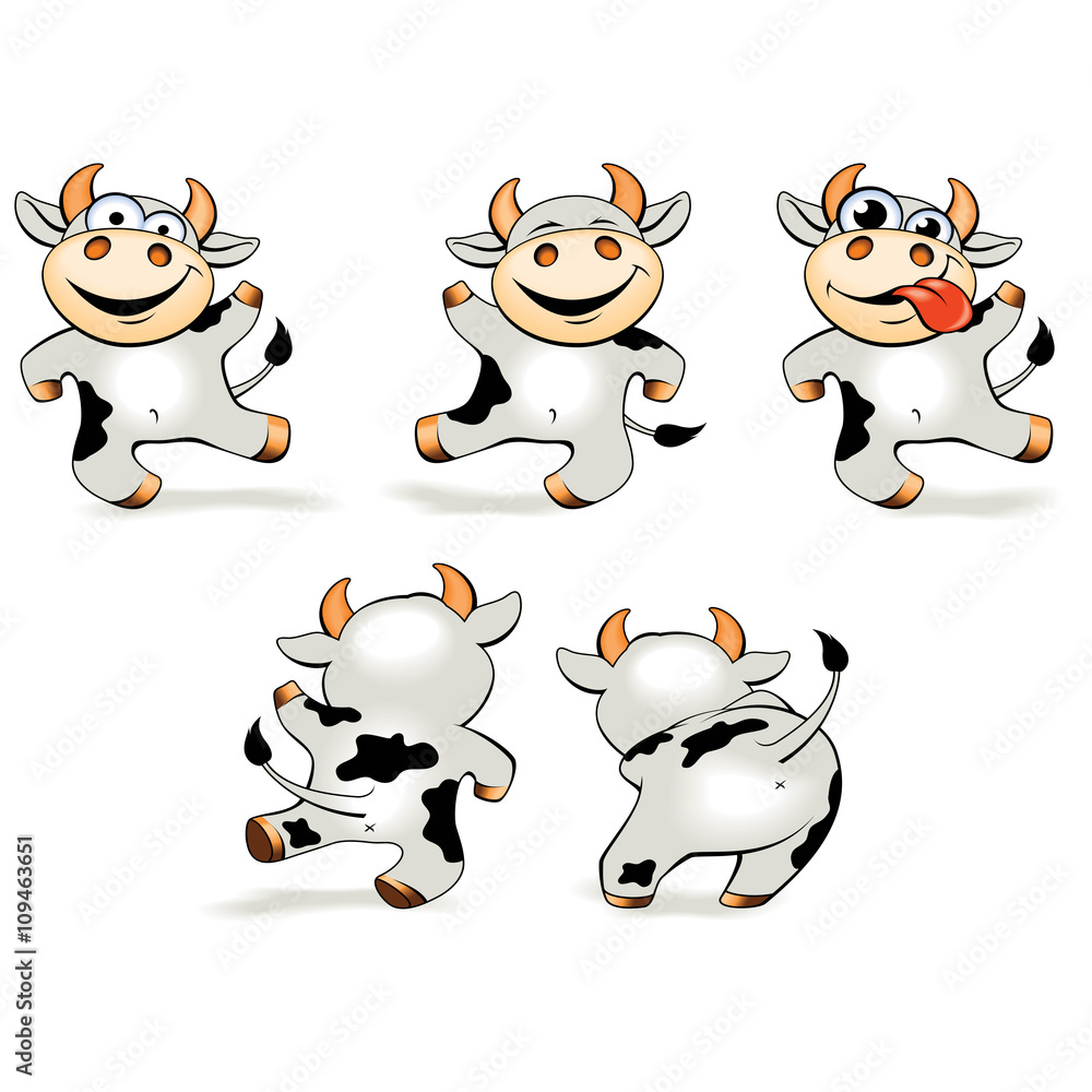 Funny cartoon crazy cow dancing in various poses.