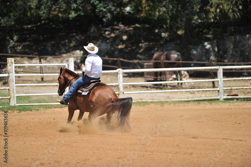 A rear view of a rider and horse sliding in the dust.