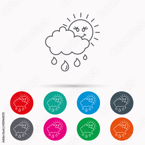 Rain and sun icon. Water drops with cloud sign.