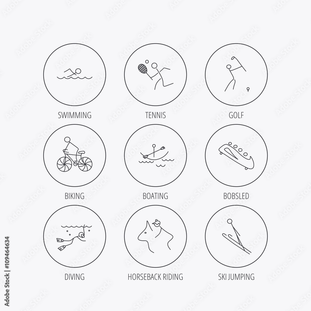 Swimming, tennis and golf icons. Biking, diving. Swimming, tennis and golf icons. Biking, diving.