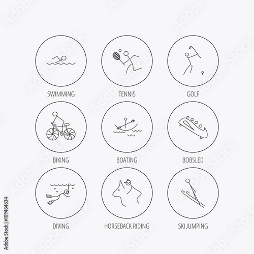 Swimming, tennis and golf icons. Biking, diving.