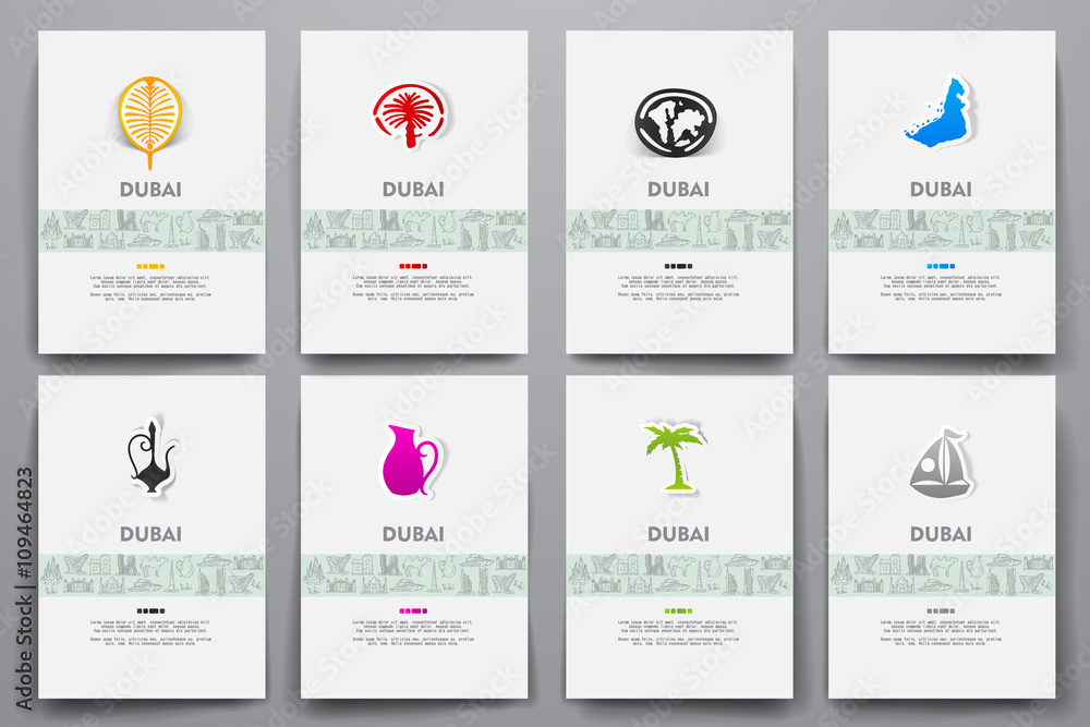 Corporate identity vector templates set with doodles Dubai theme