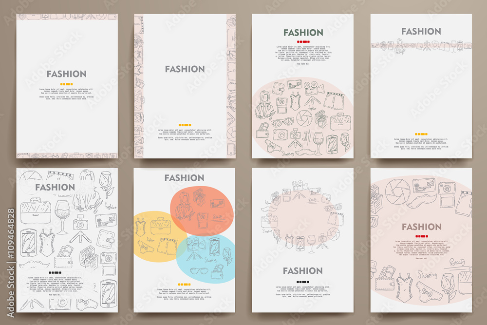 Corporate identity vector templates set with doodles fashion theme