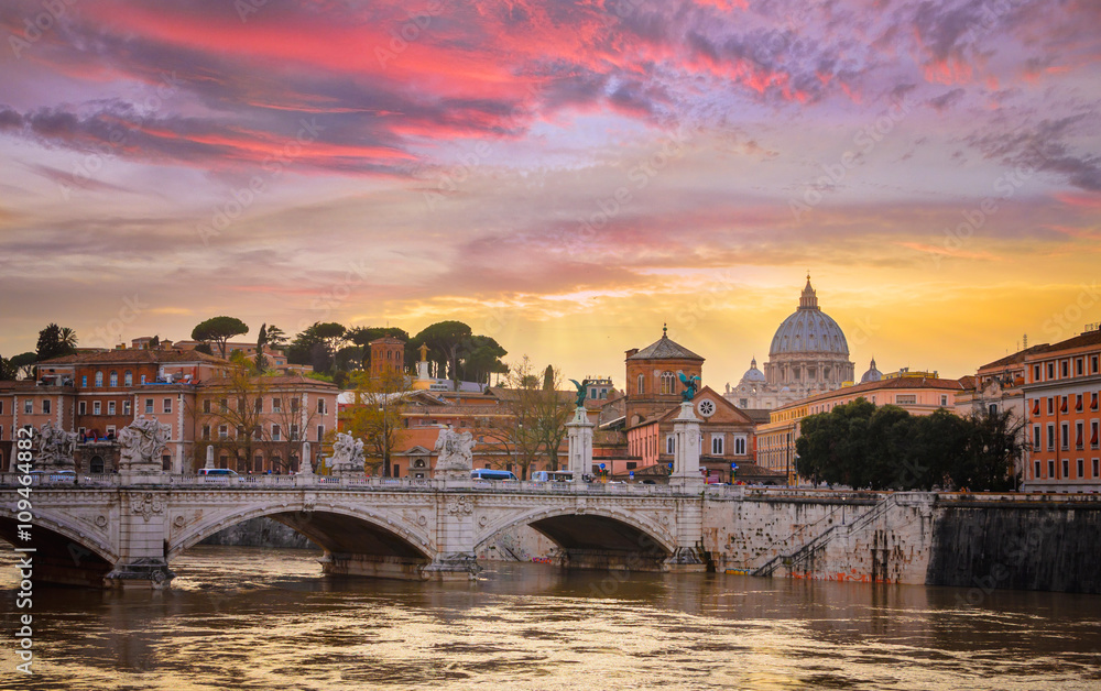 Bridge of Angles, Tiber and St Peter Basilica in Vatican, Rome, Italy