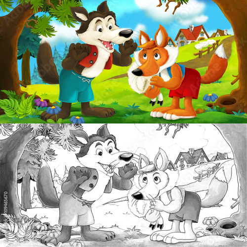 Fototapeta Naklejka Na Ścianę i Meble -  Cartoon scene of a wolf and a fox talking to each other after stealing sheep from the village with coloring page - illustration for children