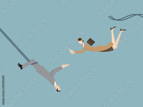 Teamwork Challange Concept. A Businessman Catching a Flying Businesswoman As a Trapeze Artist. photo