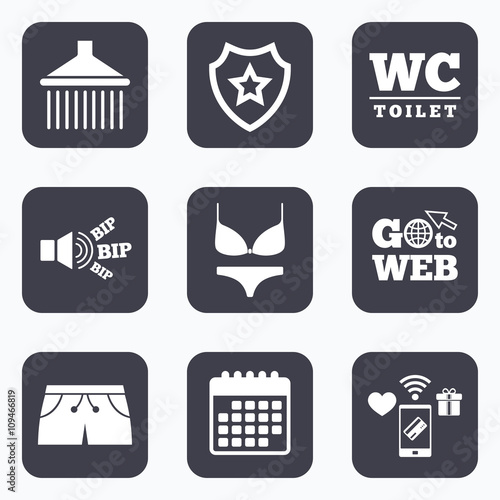 Swimming pool icons. Shower and swimwear signs.