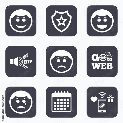 Circle smile face icons. Happy, sad, cry.