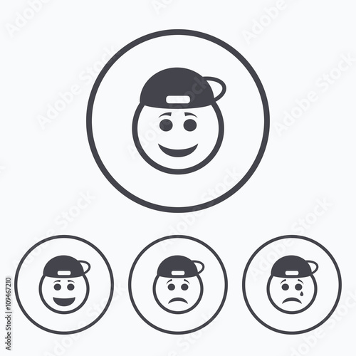Rapper smile face icons. Happy, sad, cry.