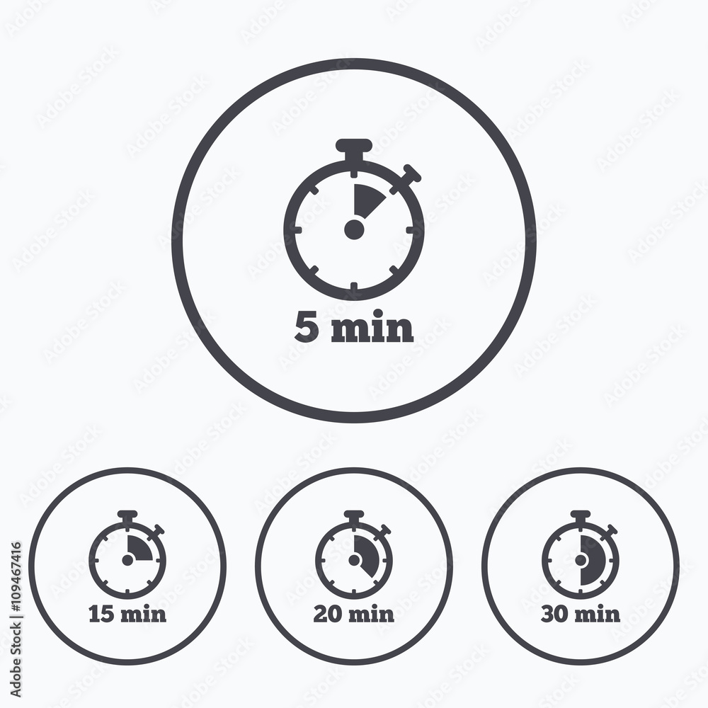 Timer icons. Five minutes stopwatch symbol. Timer icons. Five minutes stopwatch symbol.