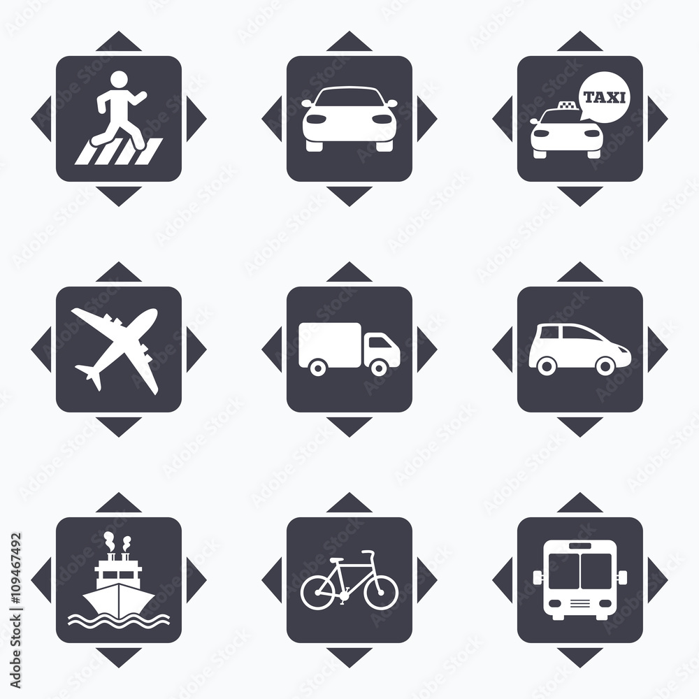Transport icons. Car, bike, bus and taxi signs. Transport icons. Car, bike, bus and taxi signs.