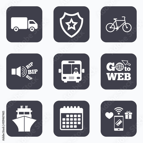 Transport icons. Truck, Bicycle, Bus and Ship.