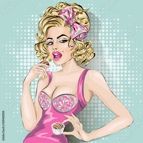 Pop Art illustration of woman with sweet candy