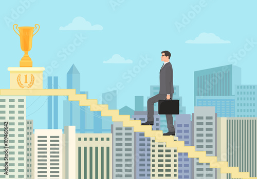 Successful businessman winner with a suitcase in a business suit climbing the stairs to the Gold Cup Award on City background.