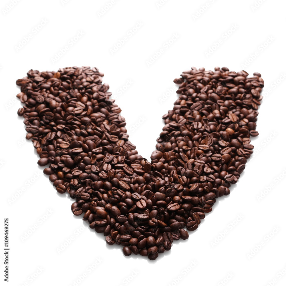 letter v, alphabet from coffee beans isolated on white background letter v, alphabet from coffee beans isolated on white background